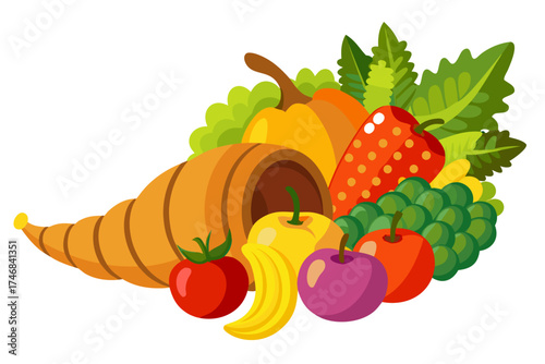 cornucopia horn of plenty with fruits and vegetables vector illustration isolated on white background