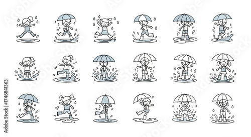 A collection of cartoon children playing and enjoying themselves in the rain, using umbrellas.