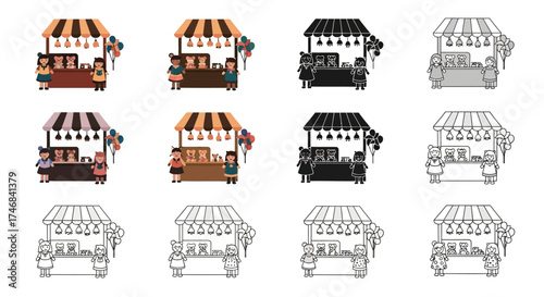 Pixelated illustrations of market stalls with vendors and customers in various color schemes.