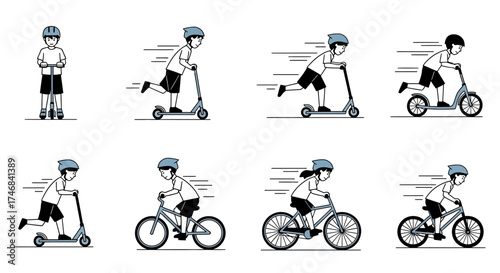 A sequence showing a child in various stages of riding a scooter and bicycle.