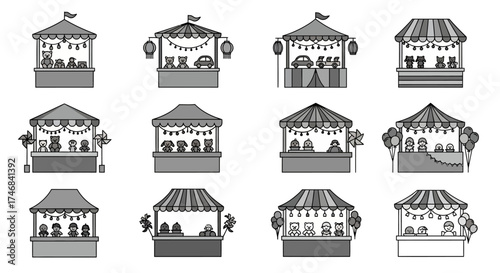 Collection of illustrated market stalls and vendor stands, each with unique decorations.