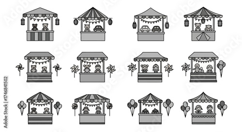 Multiple market stalls with striped counters, canopies, and various items displayed for sale, including toys, food, and decorations.