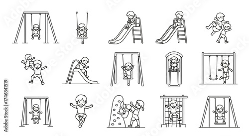 Line art illustrations depicting children playing on various playground equipment, including swings, slides, and climbing structures.