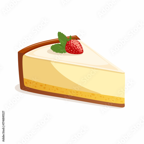 A delicious slice of creamy cheesecake adorned with a fresh strawberry and mint leaf