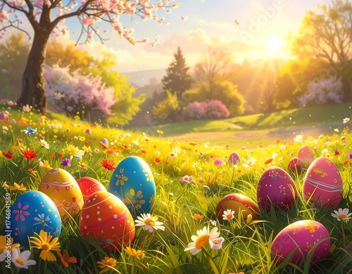 Easter Eggs in a Spring Meadow with Flowers and Sunlight in the Nature