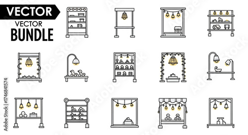 Set of vector illustrations depicting various market stall designs with shelves, lights, and goods.