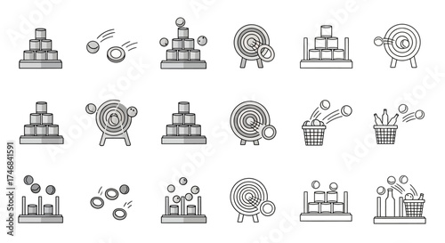 Collection of line art icons depicting carnival games and targets, including ball toss, ring toss, and target shooting.