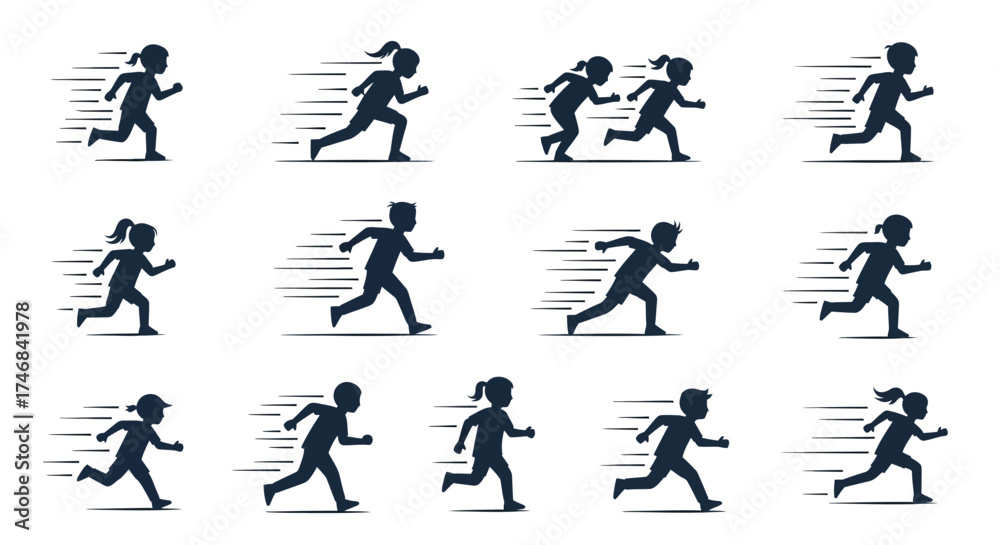 Naklejka premium Silhouette illustrations of children running with motion lines, depicting speed and activity.