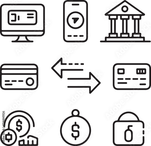 E-Banking Transfer Vector Icons Computer, Smartphone, Bank Building, Credit Card, Dollar, and Transaction Symbols