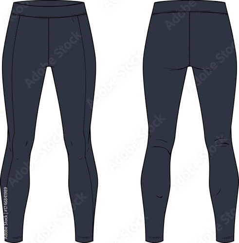 Dark leggings front and back view, high waist fitted design, women fashion apparel, athletic wear illustration, casual clothing, fitness sportswear