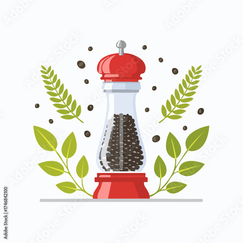 Illustration of a pepper grinder filled with peppercorns, surrounded by green leaves and scattered peppercorns on a white background.