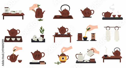 A collection of illustrations depicting various traditional Chinese tea ceremony elements and actions