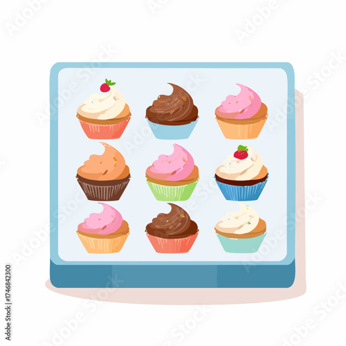 A delightful assortment of nine colorful cupcakes, each topped with creamy frosting and some adorned with fruit, presented in a neat grid.