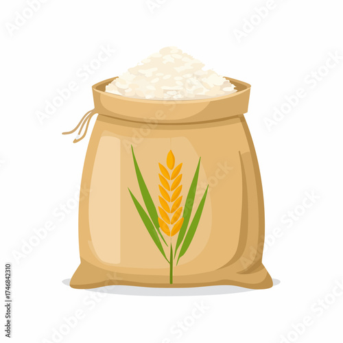 An illustration of a rustic burlap sack overflowing with white grains, featuring a decorative wheat stalk design.