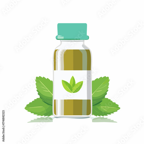 An illustration of a glass bottle containing green liquid, labeled with leaves, surrounded by fresh green mint leaves, suggesting natural essence or oil.