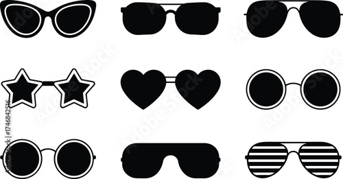 Sunglasses vector collection, cat-eye, aviator, heart, star, striped lens, fashion eyewear set, trendy styles, black lens, white background