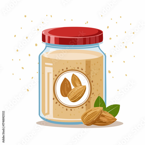 Illustration of a glass jar filled with almond butter, featuring almonds and leaves, sealed with a red lid.