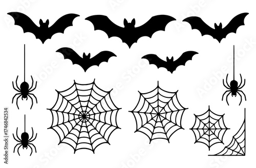 A halloween icon set with flying bat silhouettes hanging spiders and various spiderwebs