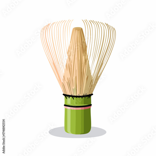 A bamboo matcha whisk, or chasen, with a green handle and light-colored tines, used for preparing Japanese green tea.