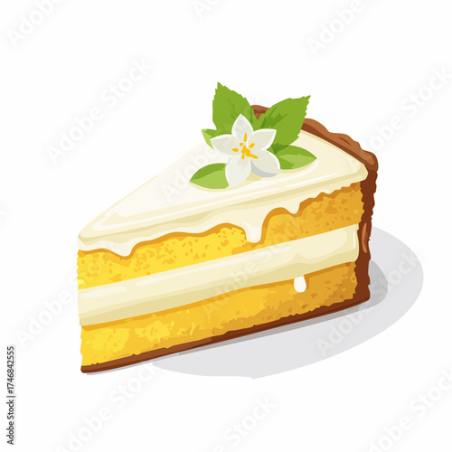 A delicious illustrated slice of layered yellow cake with creamy white frosting and a floral mint garnish