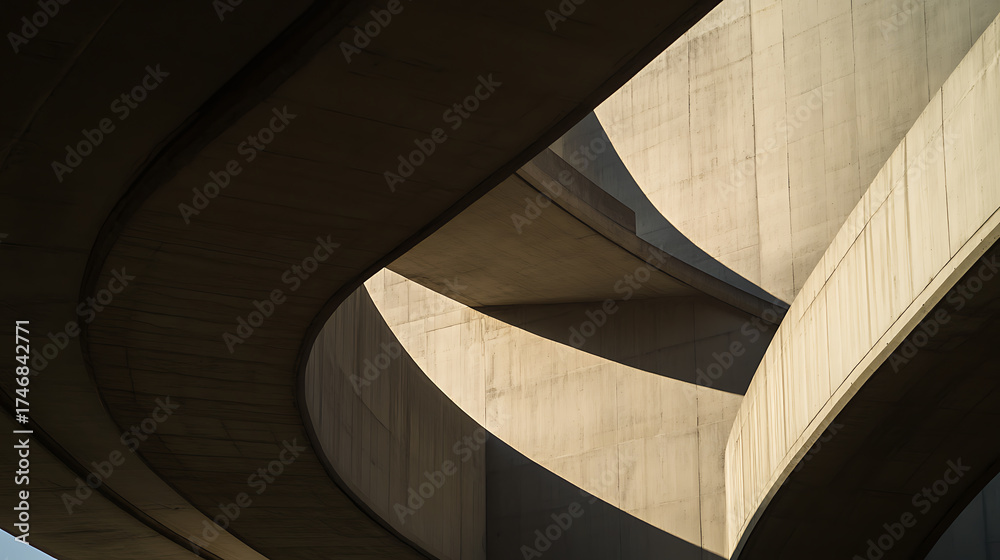Fototapeta premium Architectural geometry in concrete, showing complex curves and shadows. Modern infrastructure design and strong construction make an abstract structure.