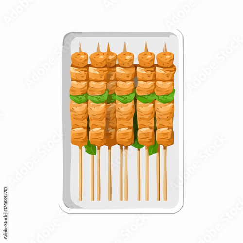 A tray of delicious, grilled tofu skewers with vibrant green herbs, presented on wooden sticks, ready for serving.