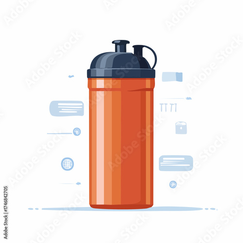 A vibrant orange sports water bottle with a dark blue lid and loop, presented against a clean white background with subtle abstract blue graphic elements.
