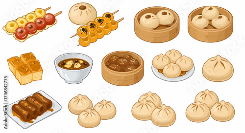 Assortment of illustrated Asian snacks and dumplings on a white background