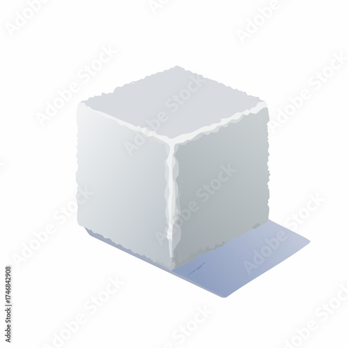 A single, white sugar cube with a slightly textured surface casting a soft blue shadow on a white background.