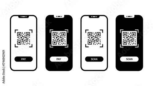 QR Code Payment and Scan Icons on Smartphone Mobile App Illustrations for Cashless Transactions and Digital Solutions