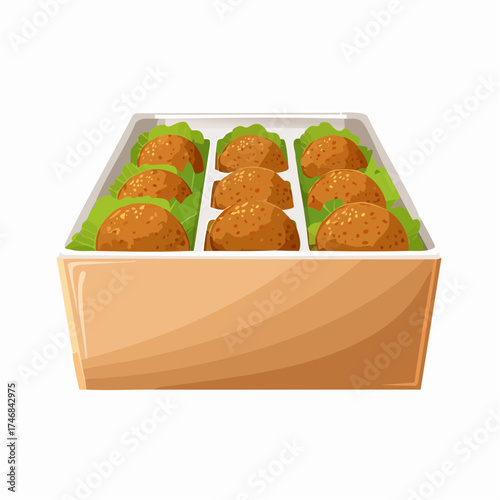 A delightful arrangement of golden-brown, round food items, possibly falafel or croquettes, presented in a compartmentalized tray with vibrant green leafy garnish.