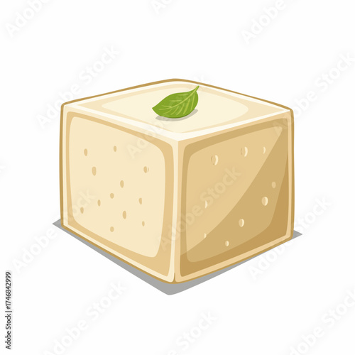 A single, pale yellow, cube-shaped block of tofu, garnished with a fresh green mint leaf on its top surface, presented against a clean white background.