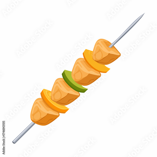 A single grilled skewer featuring savory chicken or tofu pieces interspersed with vibrant orange and green bell peppers, presented on a clean white background.