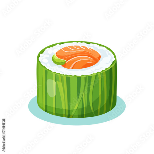 A single piece of sushi, featuring vibrant green cucumber wrapping around white rice, topped with fresh salmon and a hint of green.