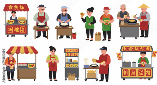 Chinese street vendors selling Jianbing or similar savory crepes at various stalls