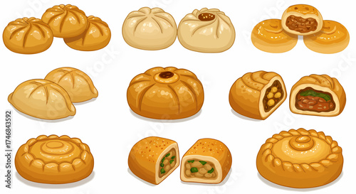 Collection of cartoon illustrations of various baked Asian buns and pastries