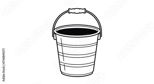 A simple line drawing of a metal bucket with a handle and filled with dark liquid.