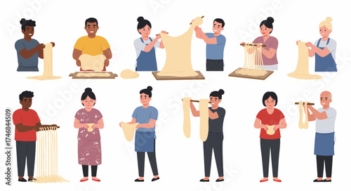 Diverse people illustrating various stages of handpulled noodle making