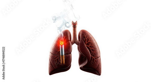 Smoking cigarette burning inside human lungs, isolated on transparent background