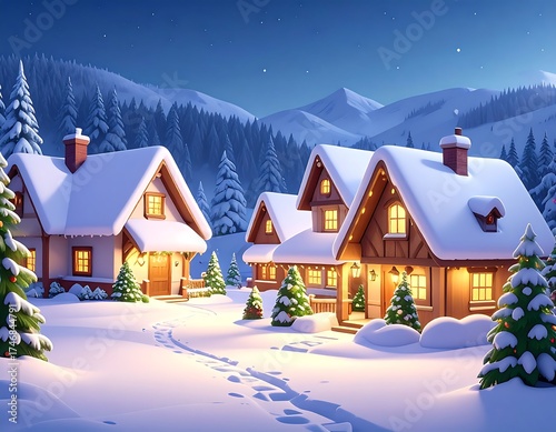 A cozy, snowy village at twilight. Illuminated cottages, a winding path, evergreen trees, and snow-covered mountains set a serene scene