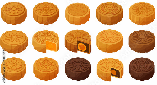 Fifteen isometric illustrations of assorted mooncakes some cut open