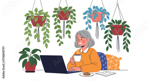 Woman working on a laptop surrounded by lush hanging plants.