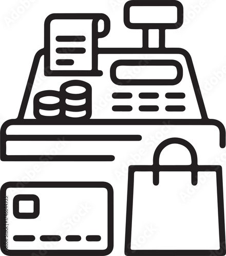 Retail Cash Desk Vector Icons Cash Register Machine, Money Drawer, Receipt, Coins, Card Payment, and Shopping Bag