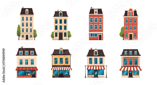 A collection of charming residential buildings and shops in urban settings.