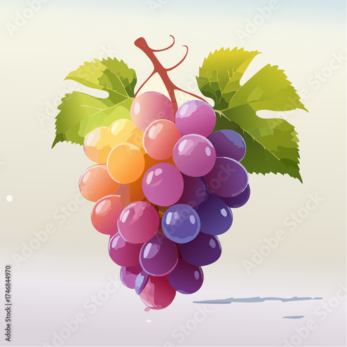 Colorful Grape Cluster with Leaves Illustration for Healthy Eating and Wine Themes