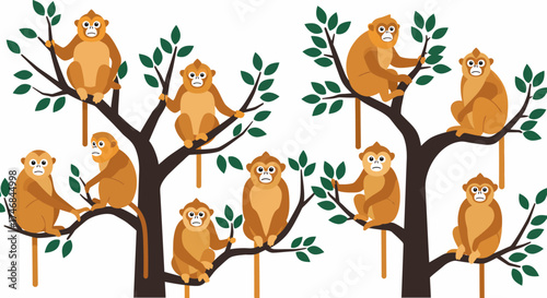 Golden snubnosed monkeys sitting in dark brown trees with green leaves