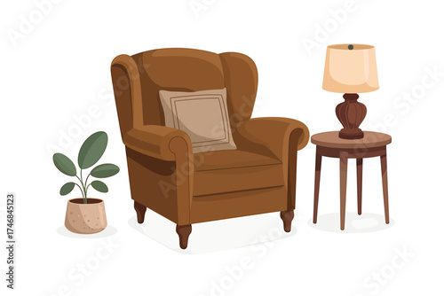 Cozy reading nook illustration with wingback chair lamp and plant perfect for relaxation and comfort