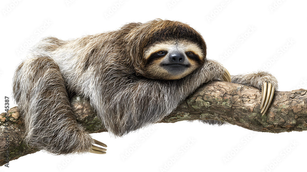 Naklejka premium lovable three toe sloth laying on branch in neutral syle with white background