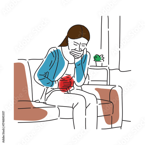 Woman holding her stomach, expressing discomfort from a stomachache. flat doodle line vector illustration.