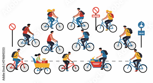 Pattern of diverse cyclists riding bicycles near traffic signs on white background